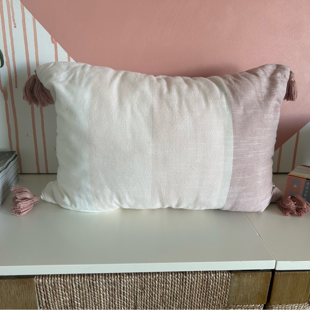 Pink and White Throw Pillow with Tassels